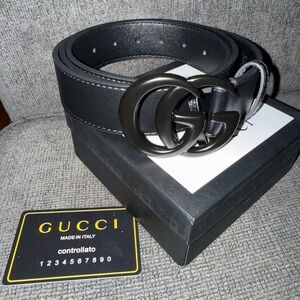 Gucci Black Leather GG Interlocking Buckle Belt